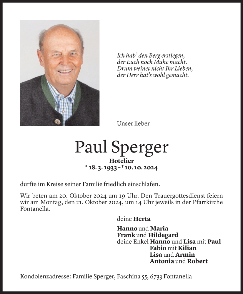  Todesanzeige für Paul Sperger vom 14.10.2024 aus Vorarlberger Nachrichten