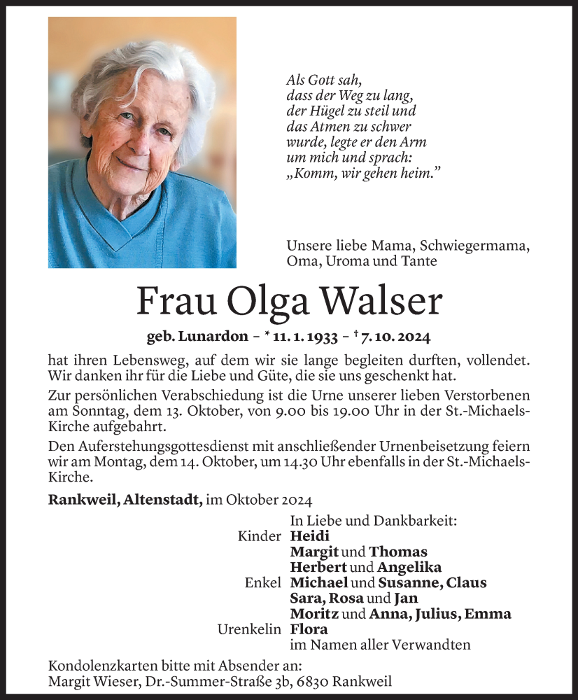  Todesanzeige für Olga Walser vom 11.10.2024 aus Vorarlberger Nachrichten