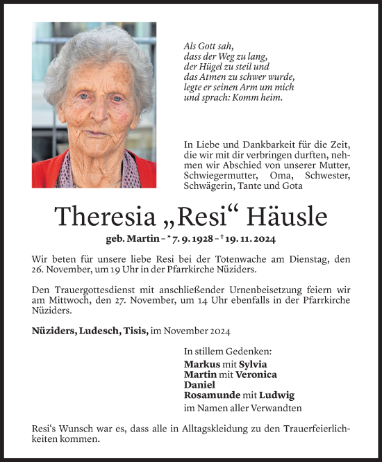 Todesanzeige von Theresia Häusle von Vorarlberger Nachrichten