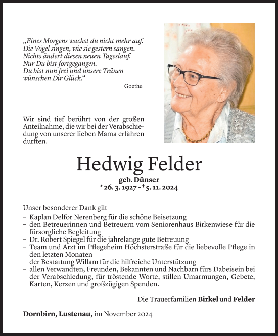 Todesanzeige von Hedwig Felder von Vorarlberger Nachrichten