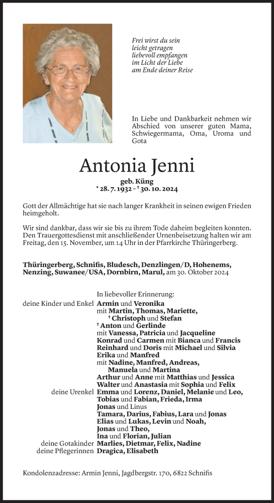 Todesanzeige von Antonia Jenni von Vorarlberger Nachrichten