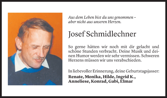 Todesanzeige von Josef Schmidlechner von Vorarlberger Nachrichten