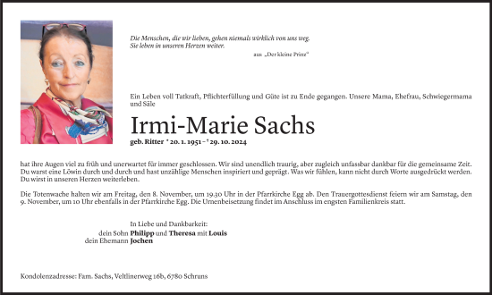 Todesanzeige von Irmi-Marie Sachs von Vorarlberger Nachrichten