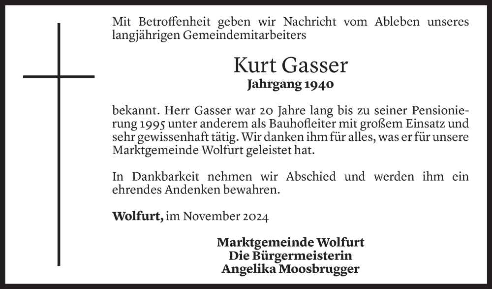  Todesanzeige für Kurt Gasser vom 05.11.2024 aus Vorarlberger Nachrichten