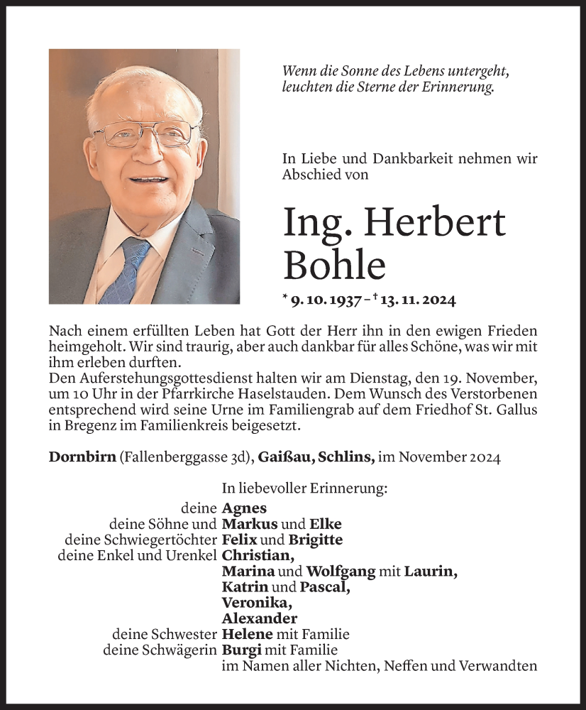  Todesanzeige für Herbert Bohle vom 15.11.2024 aus Vorarlberger Nachrichten