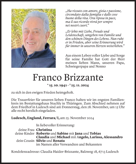 Todesanzeige von Franco Brizzante von Vorarlberger Nachrichten