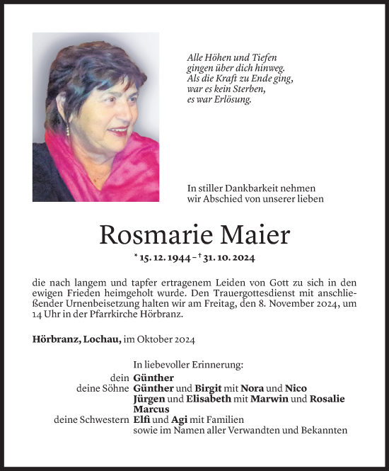 Todesanzeige von Rosmarie Maier von Vorarlberger Nachrichten