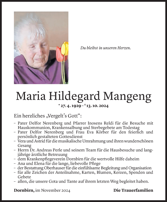 Todesanzeige von Maria Hildegard Mangeng von Vorarlberger Nachrichten