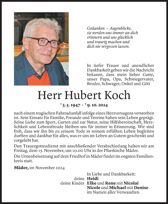 Todesanzeige von Hubert Koch von Vorarlberger Nachrichten