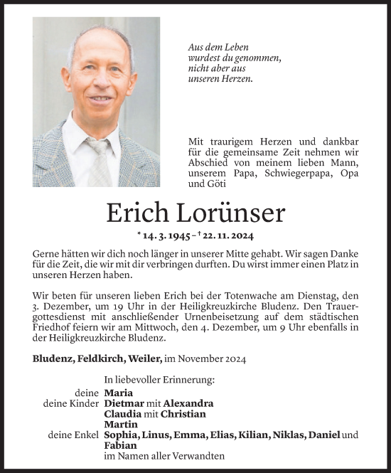 Todesanzeige von Erich Lorünser von Vorarlberger Nachrichten