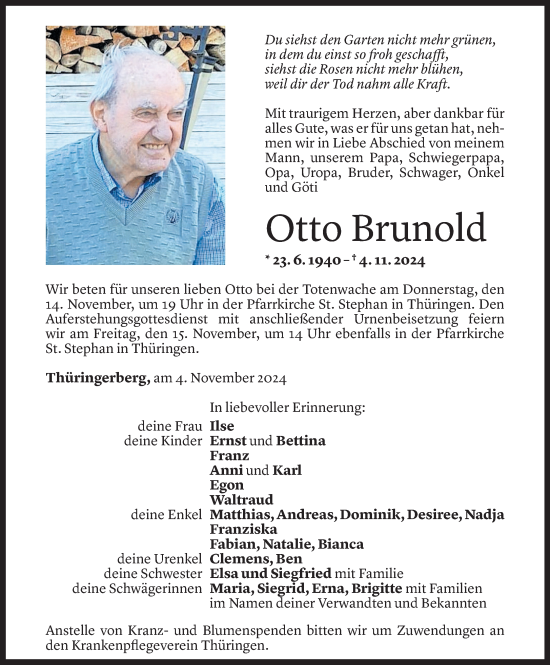 Todesanzeige von Otto Brunold von Vorarlberger Nachrichten