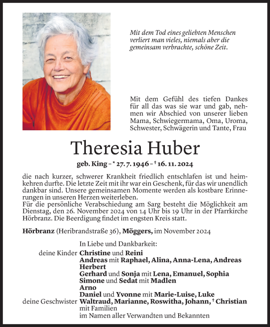 Todesanzeige von Theresia Huber von Vorarlberger Nachrichten