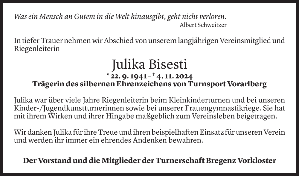  Todesanzeige für Julika Bisesti vom 10.11.2024 aus Vorarlberger Nachrichten