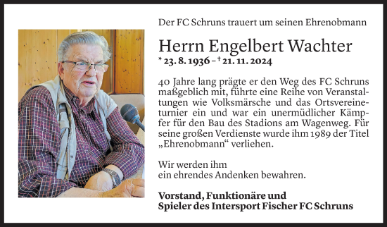 Todesanzeige von Engelbert Wachter von Vorarlberger Nachrichten