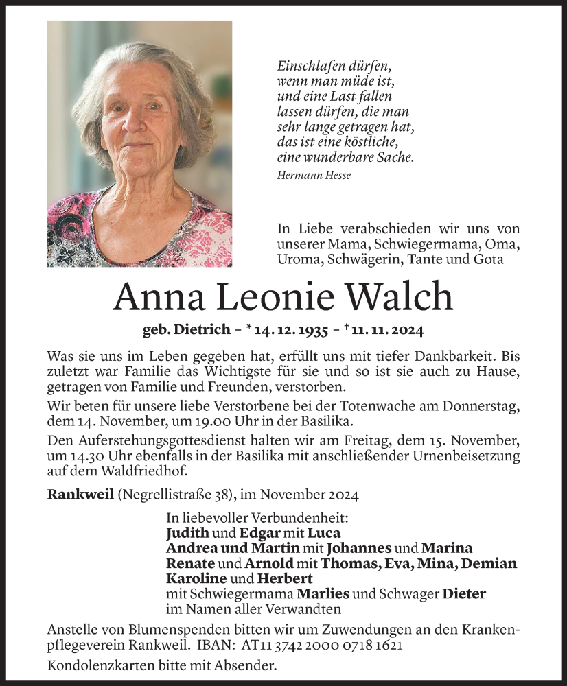  Todesanzeige für Anna Leonie Walch vom 12.11.2024 aus Vorarlberger Nachrichten