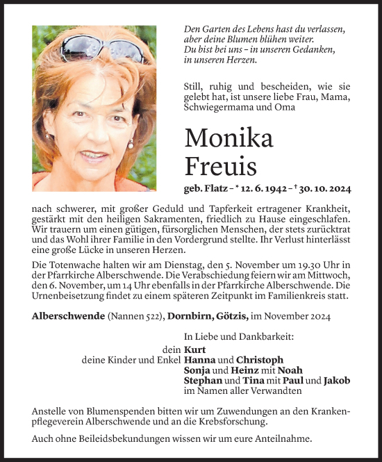 Todesanzeige von Monika Freuis von Vorarlberger Nachrichten