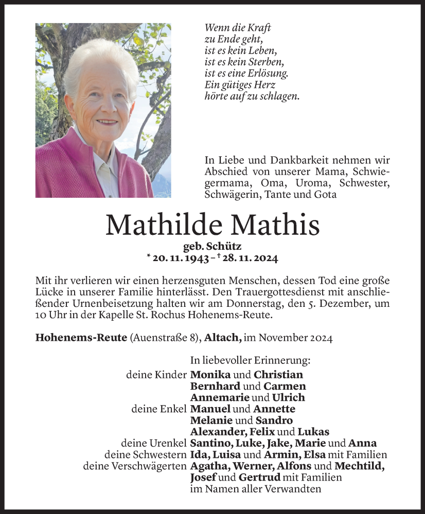  Todesanzeige für Mathilde Mathis vom 29.11.2024 aus Vorarlberger Nachrichten