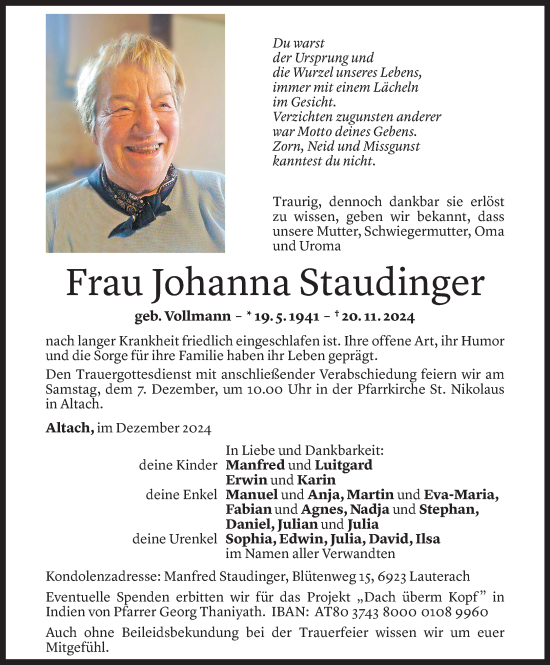 Todesanzeige von Johanna Staudinger von Vorarlberger Nachrichten