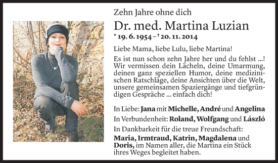 Todesanzeige von Martina Luzian von Vorarlberger Nachrichten