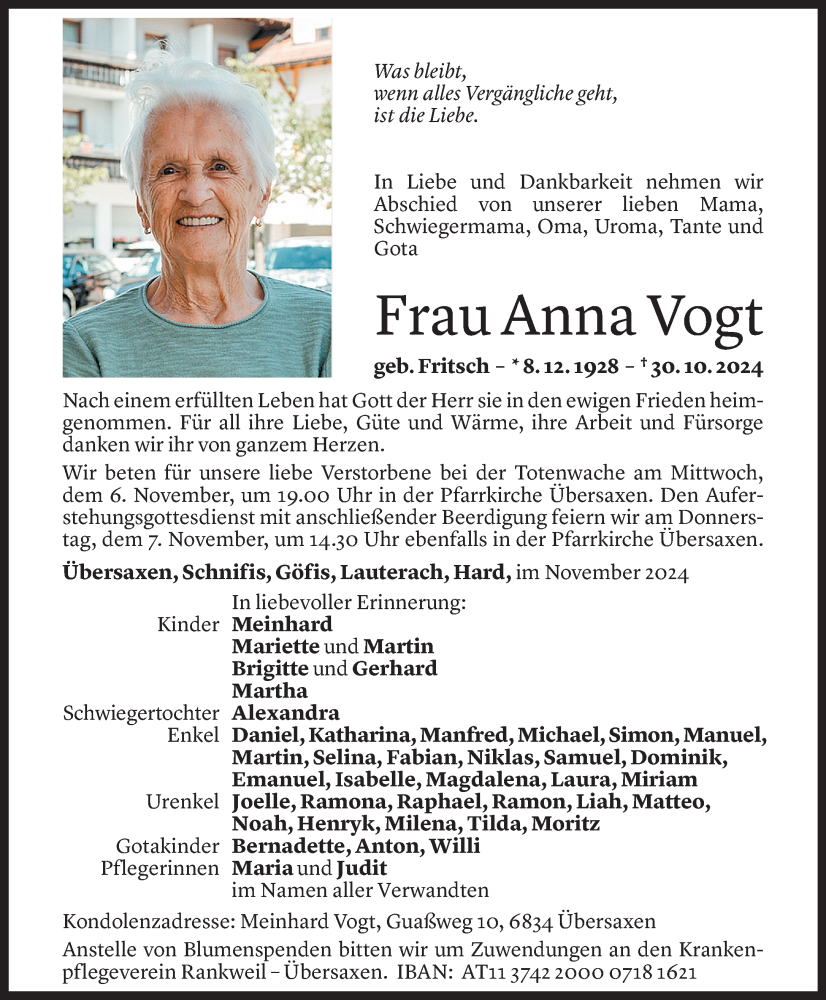  Todesanzeige für Anna Vogt vom 04.11.2024 aus Vorarlberger Nachrichten