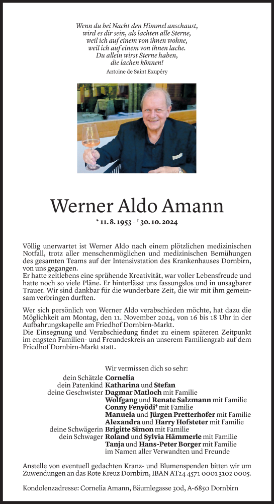  Todesanzeige für Werner Aldo Amann vom 06.11.2024 aus Vorarlberger Nachrichten