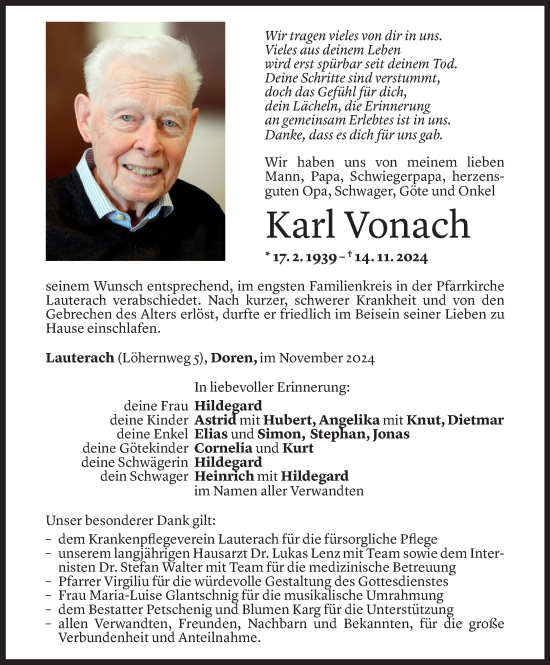 Todesanzeige von Karl Vonach von Vorarlberger Nachrichten