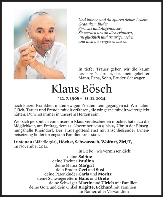 Todesanzeige von Klaus Bösch von Vorarlberger Nachrichten