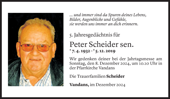 Todesanzeige von Peter Schneider von Vorarlberger Nachrichten