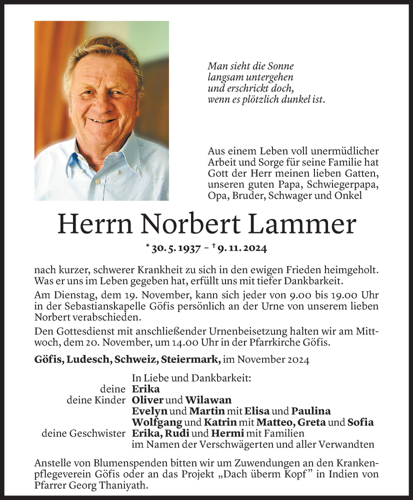  Todesanzeige für Norbert Lammer vom 12.11.2024 aus Vorarlberger Nachrichten