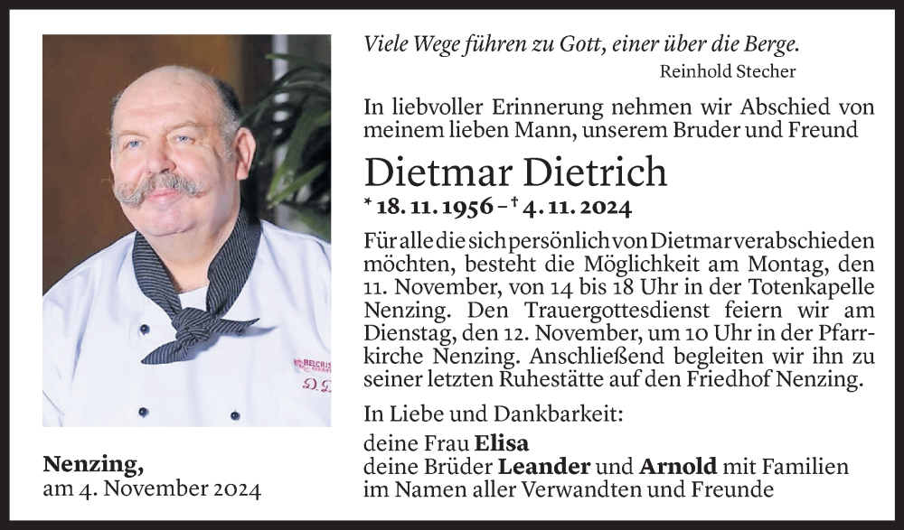  Todesanzeige für Dietmar Dietrich vom 05.11.2024 aus Vorarlberger Nachrichten