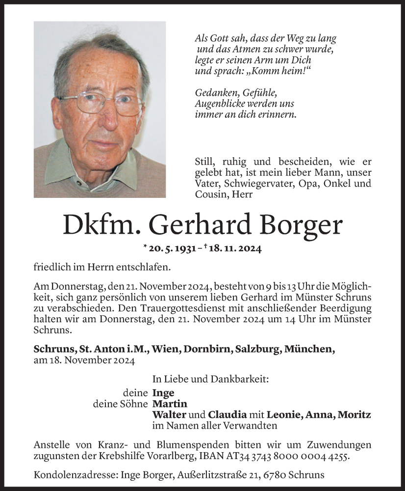  Todesanzeige für Gerhard Borger vom 18.11.2024 aus Vorarlberger Nachrichten