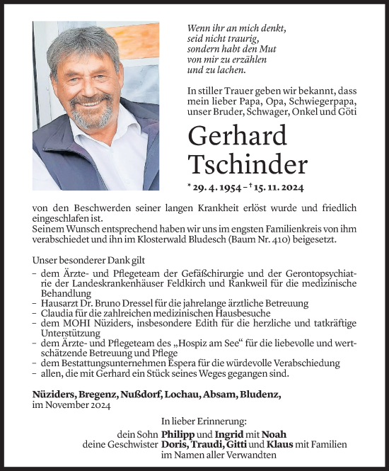 Todesanzeige von Gerhard Tschinder von Vorarlberger Nachrichten