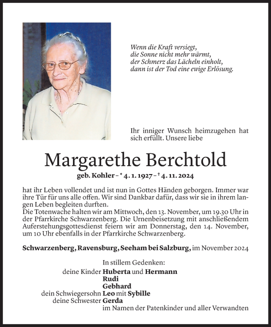 Todesanzeige von Margarethe Berchtold von Vorarlberger Nachrichten