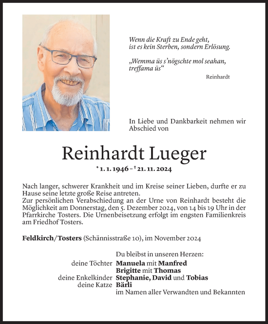 Todesanzeige von Reinhardt Lueger von Vorarlberger Nachrichten