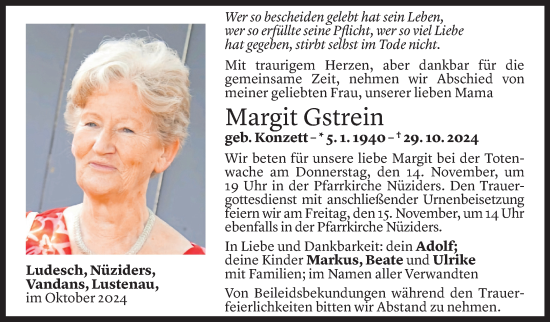 Todesanzeige von Margit Gstrein von Vorarlberger Nachrichten