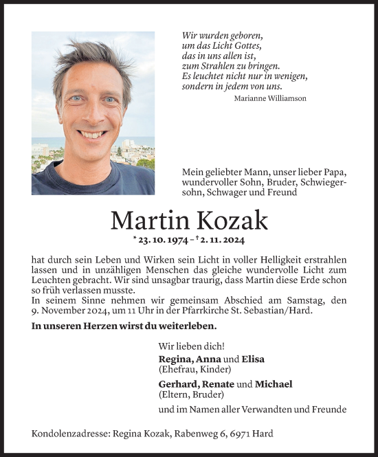 Todesanzeige von Martin Kozak von Vorarlberger Nachrichten