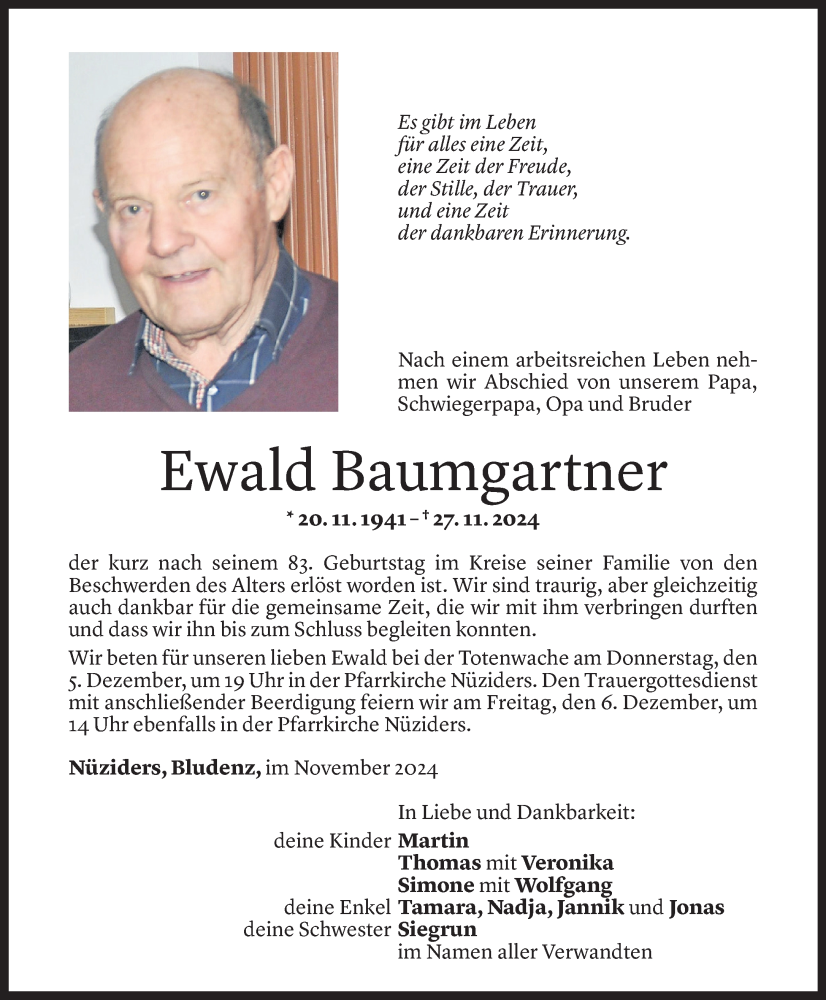  Todesanzeige für Ewald Baumgartner vom 02.12.2024 aus Vorarlberger Nachrichten