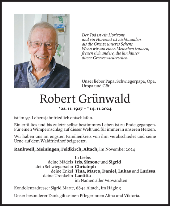 Todesanzeige von Robert Grünwald von Vorarlberger Nachrichten