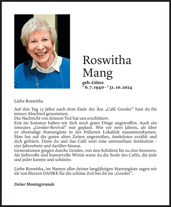 Todesanzeige von Roswitha Mang von Vorarlberger Nachrichten