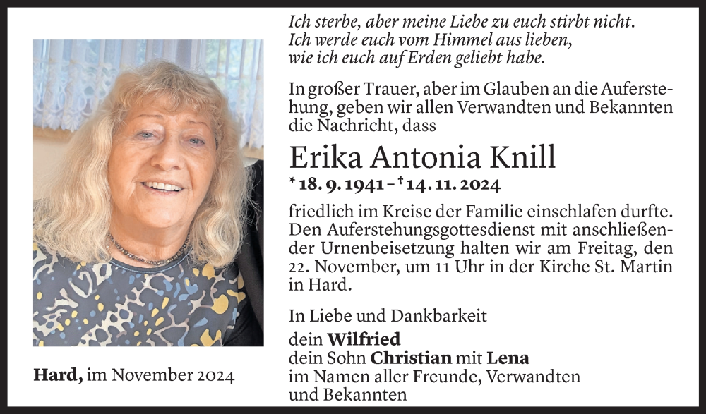  Todesanzeige für Erika Knill vom 19.11.2024 aus Vorarlberger Nachrichten