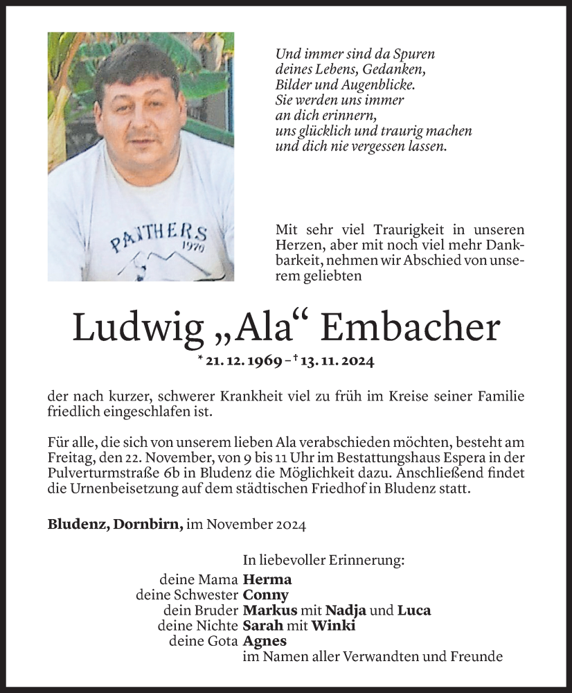  Todesanzeige für Ludwig Embacher vom 20.11.2024 aus Vorarlberger Nachrichten