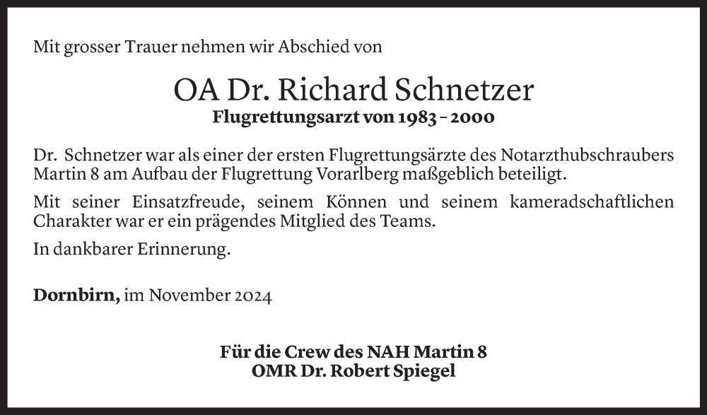  Todesanzeige für Richard Schnetzer vom 06.11.2024 aus Vorarlberger Nachrichten