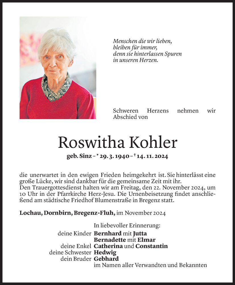  Todesanzeige für Roswitha Kohler vom 19.11.2024 aus Vorarlberger Nachrichten