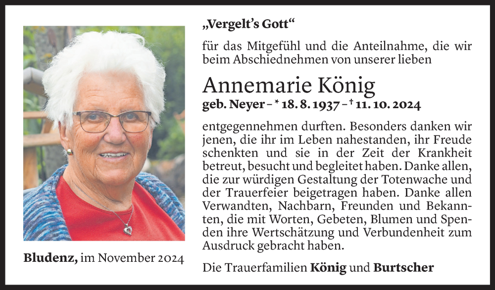  Todesanzeige für Annemarie König vom 28.11.2024 aus Vorarlberger Nachrichten