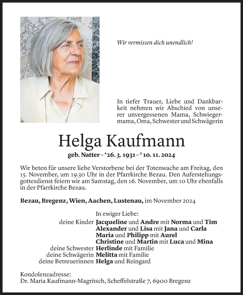  Todesanzeige für Helga Kaufmann vom 13.11.2024 aus Vorarlberger Nachrichten