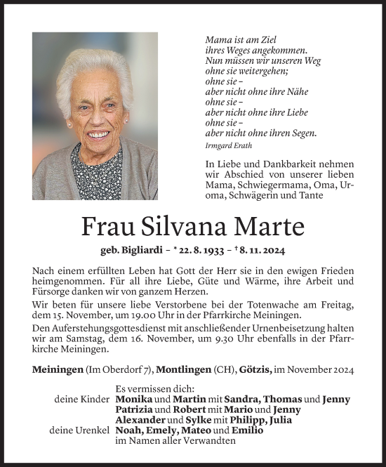 Todesanzeige von Silvana Marte von Vorarlberger Nachrichten