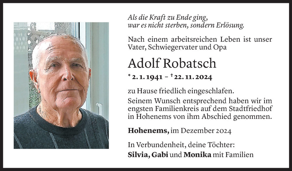  Todesanzeige für Adolf Robatsch vom 02.12.2024 aus Vorarlberger Nachrichten