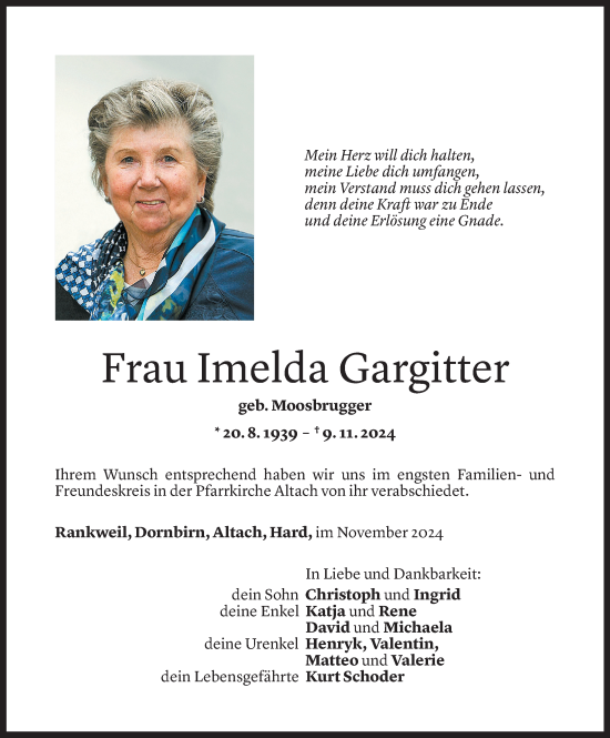 Todesanzeige von Imelda Gargitter von Vorarlberger Nachrichten