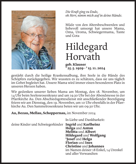 Todesanzeige von Hildegard Horvath von Vorarlberger Nachrichten