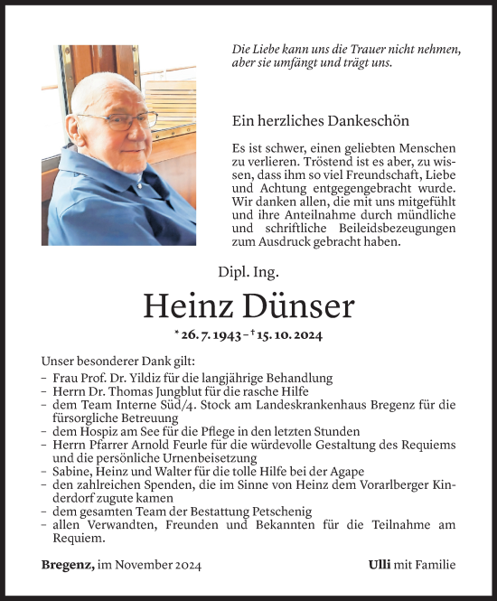 Todesanzeige von Heinz Dünser von Vorarlberger Nachrichten